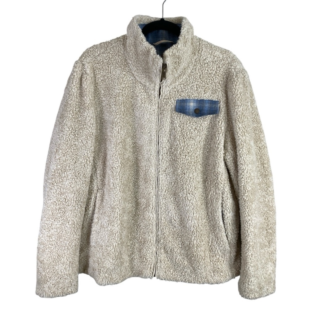 Pendleton Women’s Cream Blue Plaid Accent Fuzzy Full Zip Teddy Jacket XL